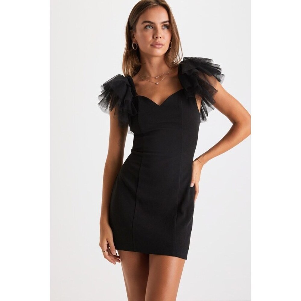 Lulus Seriously Fabulous Black Tulle Flutter Sleeve Bodycon Mini Dress - Size M